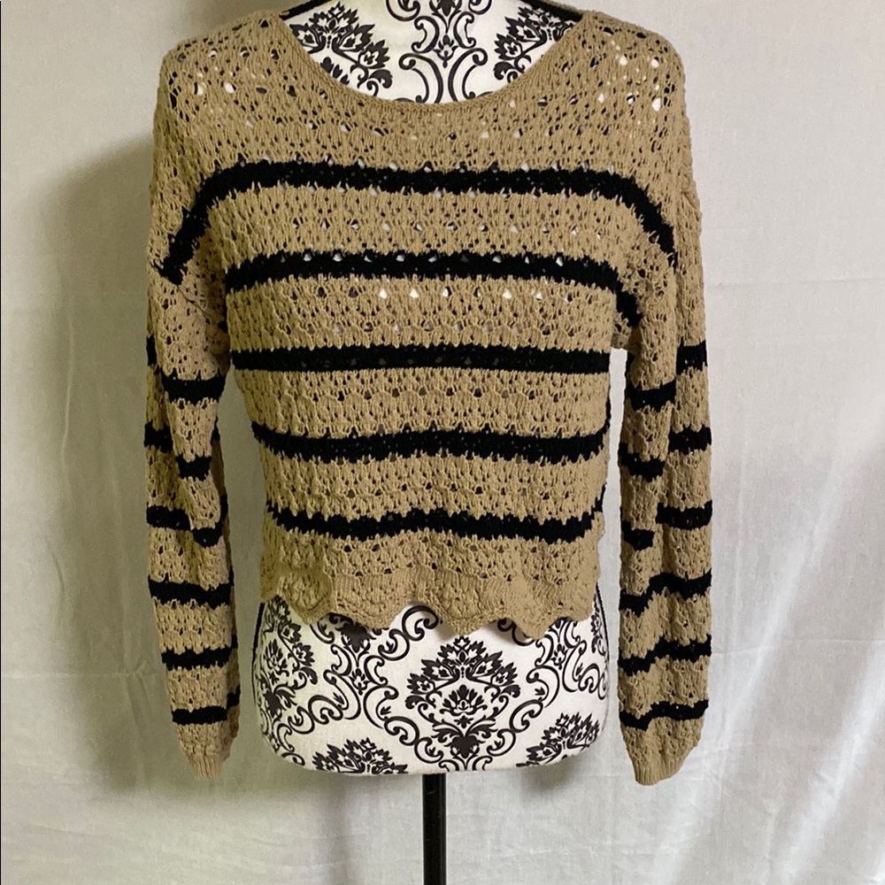 Revolve x House of Harlow 1960 Tan and Black Striped Pointelle Knit Sweater EUC